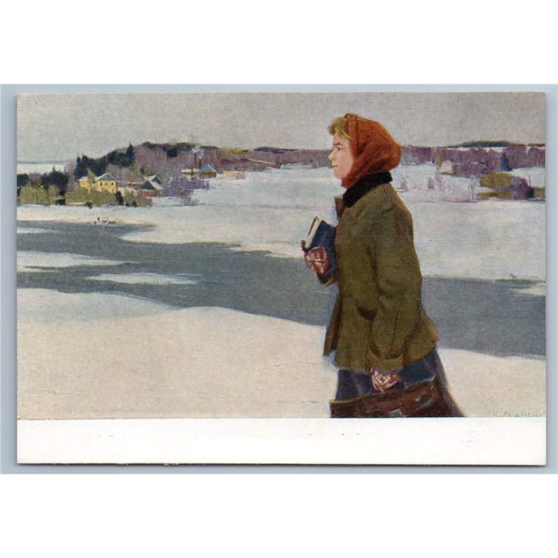 1959 VILLAGE TEACHER Woman with BOOKS Village Snow Winter Soviet USSR Postcard