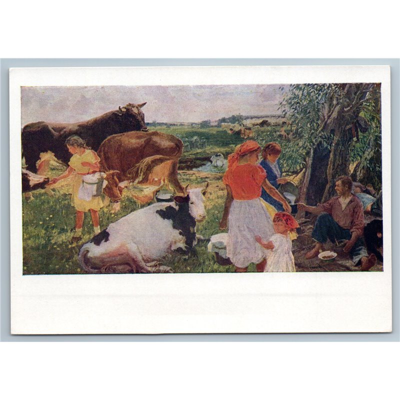 1961 KOLKHOZ MILKMAIDS Herd Cows Meadow Women Girl Summer Soviet USSR Postcard
