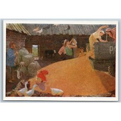 1959 KOLKHOZ HARVEST Grain of bread Geese Farmer Workers Labor Soviet Postcard
