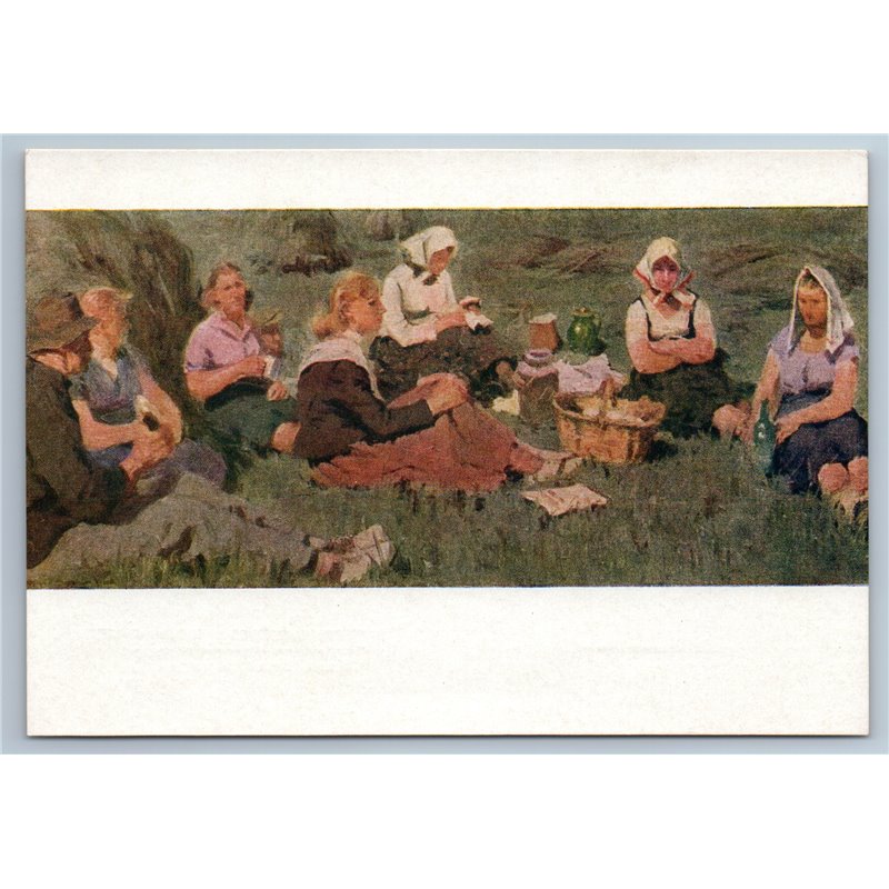 1958 KOLKHOZ WOMEN Workers Meadow Harvest Rest Lunch Soviet USSR Postcard
