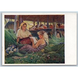 1958 KOLKHOZ MILKMAID Pretty GIRL read letter Cows Cowshed Peasant USSR Postcard