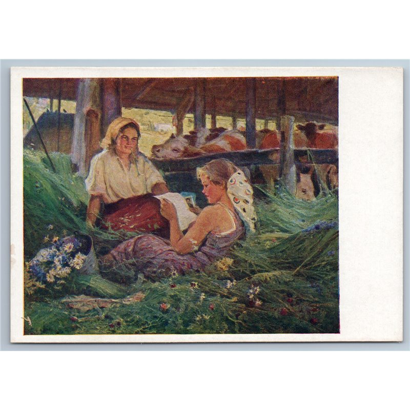 1958 KOLKHOZ MILKMAID Pretty GIRL read letter Cows Cowshed Peasant USSR Postcard