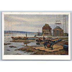 1958 WORKERS RAFTING LOGS Construction at Pier Industrial Soviet USSR Postcard