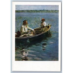 1963 OLD FISHERMAN smoking and Woman in BOAT Fishing Rod River Soviet Postcard