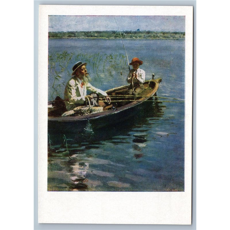 1963 OLD FISHERMAN smoking and Woman in BOAT Fishing Rod River Soviet Postcard