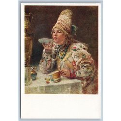 1963 RUSSIAN PRETTY WOMAN drinks tea ETHNIC Costume Samovar USSR Postcard