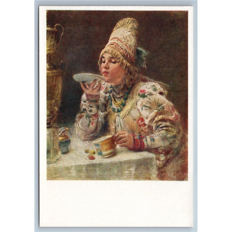 1963 RUSSIAN PRETTY WOMAN drinks tea ETHNIC Costume Samovar USSR Postcard