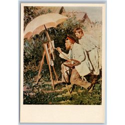 ELDER MAN Painter draws in Garden Russian Ethnic Comic Humor Soviet Postcards