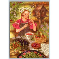 RUSSIAN WOMAN time for Berries Raspberry Gooseberry Cherry Ethnic New Postcard