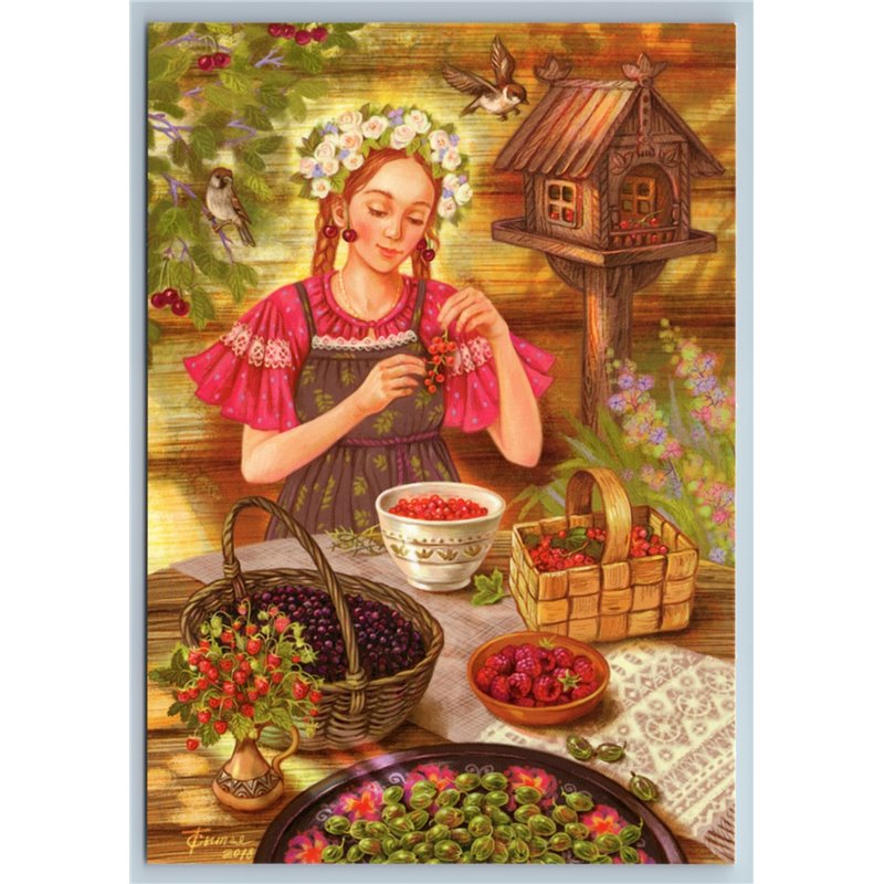 RUSSIAN WOMAN time for Berries Raspberry Gooseberry Cherry Ethnic New Postcard