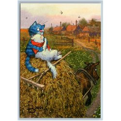 BLUE n WHITE CATS Couple on Hay Peasant Farm Horse Carriage Russian New Postcard