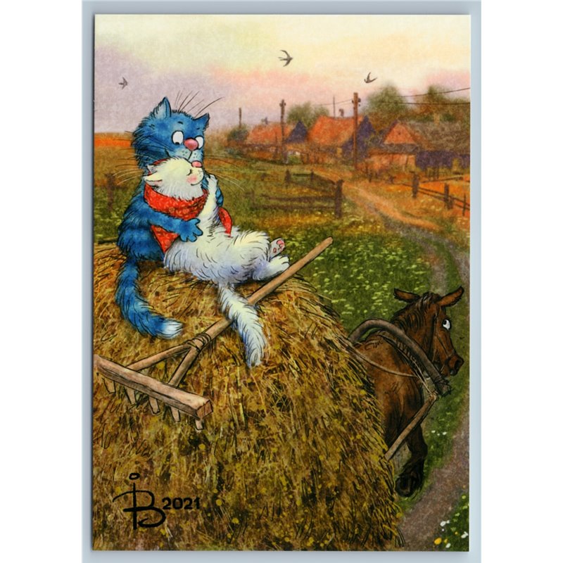 BLUE n WHITE CATS Couple on Hay Peasant Farm Horse Carriage Russian New Postcard