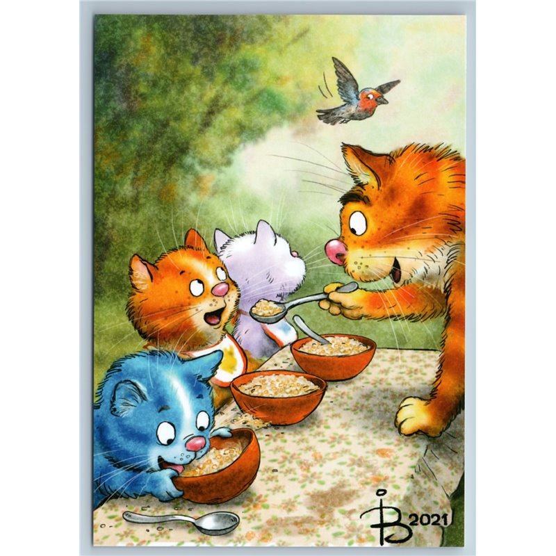 CAT feeds porridge KITTENS On more spoon Breakfast Funny Russian New Postcard