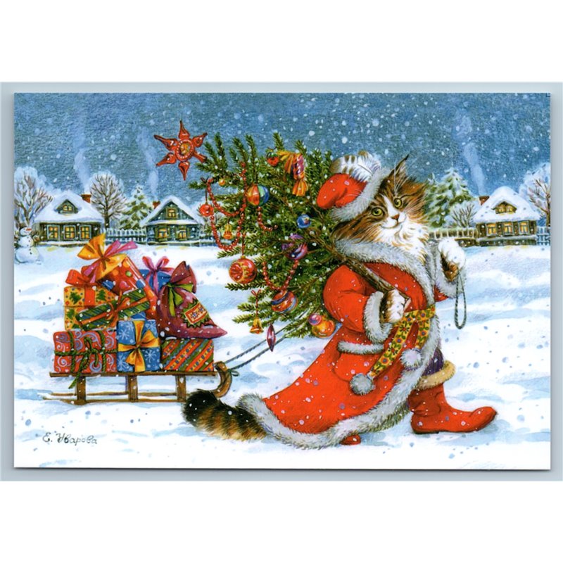 CAT as SANTA with Christmas Tree n Gifts Bag Russian Snow Winter New Postcard