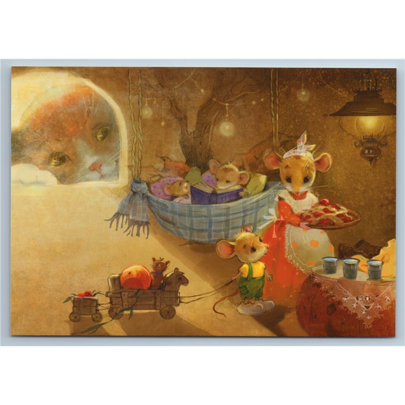 MOUSE Mice family in Hole Pie BOOK Toys  peeping CAT Russian New Postcard