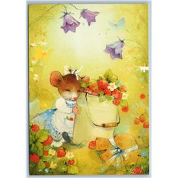 FUNNY MOUSE Strawberry Glade Berries Bluebell Summer Russian New Postcard