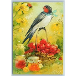 SWALLOW BIRD n basket w/ RASPBERRIES Jam pot Berries Summer Russian New Postcard