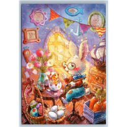 EASTER RABBIT HARE paints eggs Surprise Chicken Fantasy Russian New Postcard