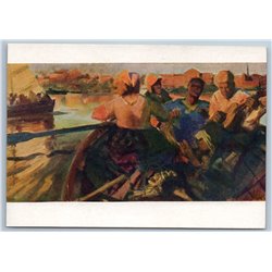 1958 LATVIAN PEOPLE in BOAT Dvina Daugava River Oar Ethnic Soviet USSR Postcard