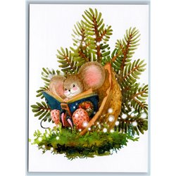 CUTE MOUSE read BOOK in walnut shell Christmas Tree Moss Russian New Postcard