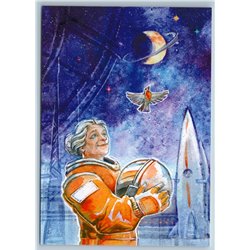 OLD WOMAN as Cosmonaut Space Rocket SPACE Fantasy Russian New Postcard