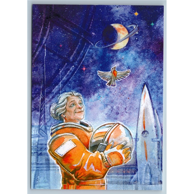 OLD WOMAN as Cosmonaut Space Rocket SPACE Fantasy Russian New Postcard