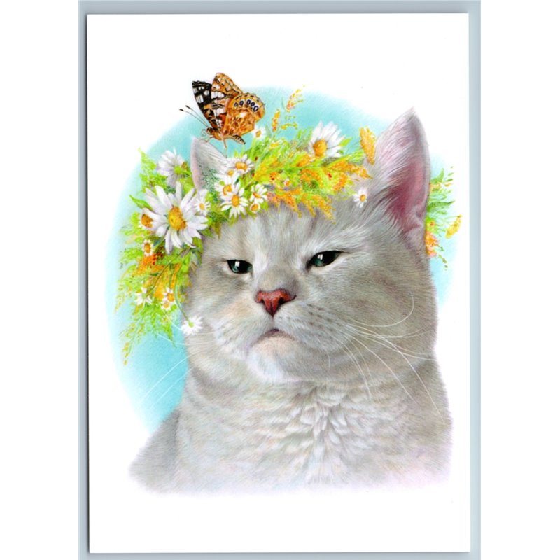 CUTE GRAY CAT in Flower wreath Butterfly Green Eyes Russian New Postcard