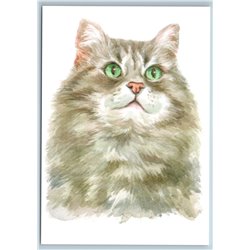 SIBERIAN CAT with Green Eyes Watercolor Art Pet Russian New Postcard