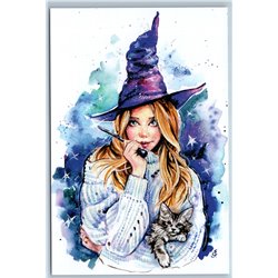 GIRL Long Hair Wizard Hat CAT Kitten Everything will be fabulous New Postcard