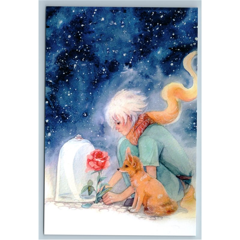 LITTLE PRINCE Red Fox Rose on Planet Space Cosmos Fantasy Russian New Postcard