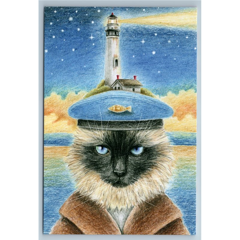 SIAMESE CAT Fish Lighthouse of America USA Unusual Graphic Russian New Postcard