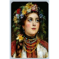 RUSSIAN BEAUTY WOMAN Ethnic Dress Flower Wreath Necklace Portrait New Postcard