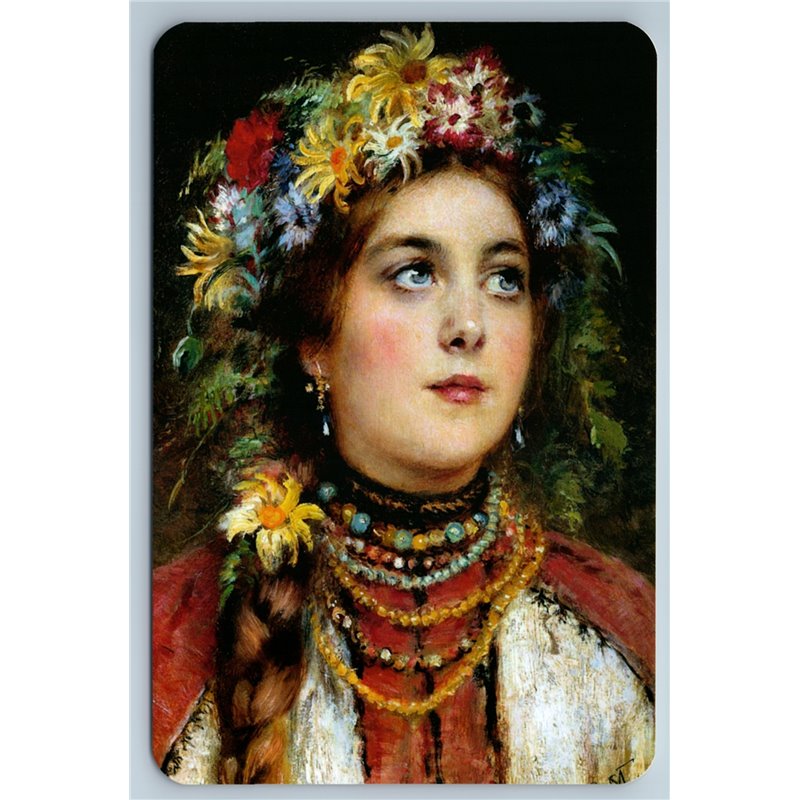 RUSSIAN BEAUTY WOMAN Ethnic Dress Flower Wreath Necklace Portrait New Postcard