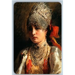 RUSSIAN BEAUTY WOMAN Headdress Ethnic Costume Necklace Portrait New Postcard