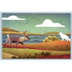 REINDEER n ARCTIC FOX White Far North Landscape Unusual Russian New Postcard