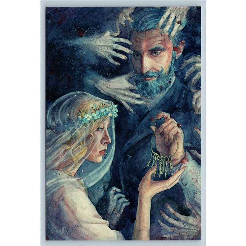 MAN with BLUE BEARD n another BRIDE Odd SCARY TALE bizarre Russian New Postcard