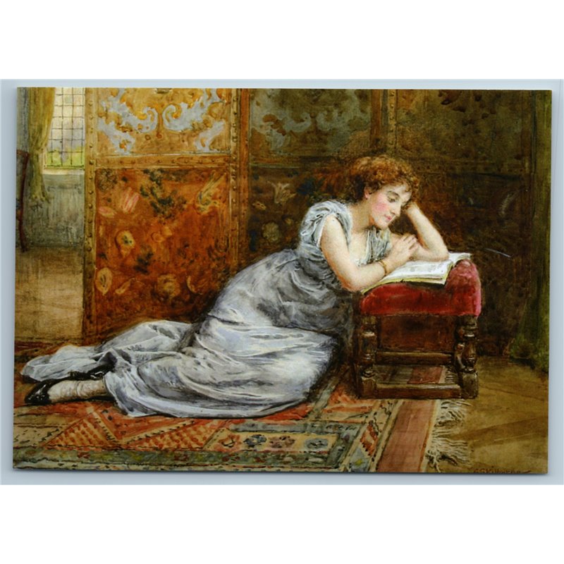 LADY reads a book in boudoir Interior by George Goodwin NEW Modern Postcard