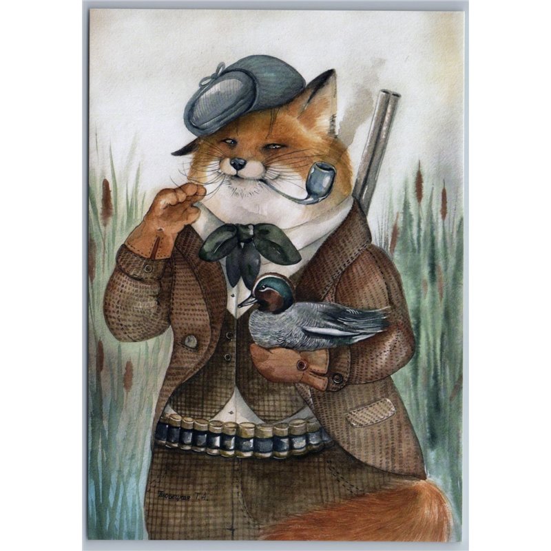 RED FOX smokes Pipe HUNTER Anthropomorphic Duck Rifle Russian New Postcard