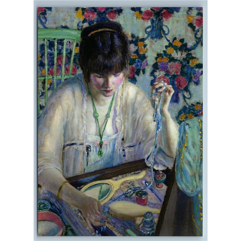 WOMAN at the dressing table Jewelry Mirror by Frieseke New Unposted Postcard