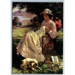 YOUNG GIRL sew in Garden DOG Victorian by Blacklock New Unposted Postcard