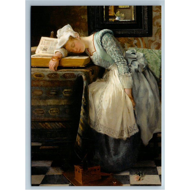 YOUNG WOMAN sleeping behind a book Interior New Unposted Postcard