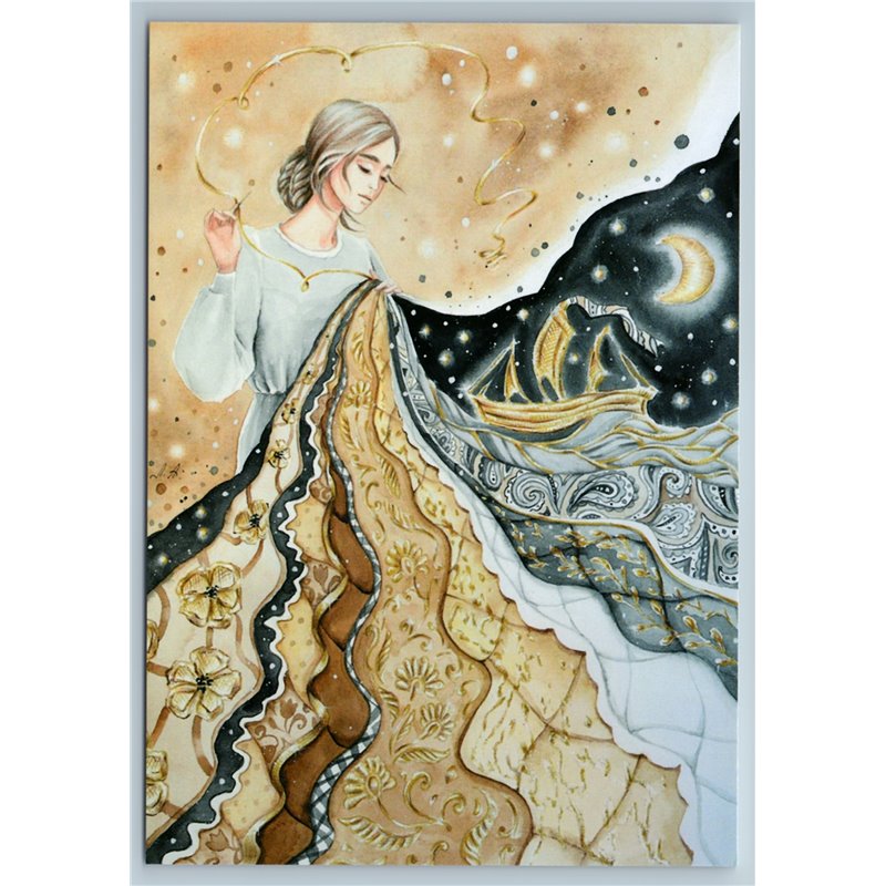 WOMAN EMBROIDERESS Sewing Sew patchwork quilt Romantic Art Fantasy NEW Postcard