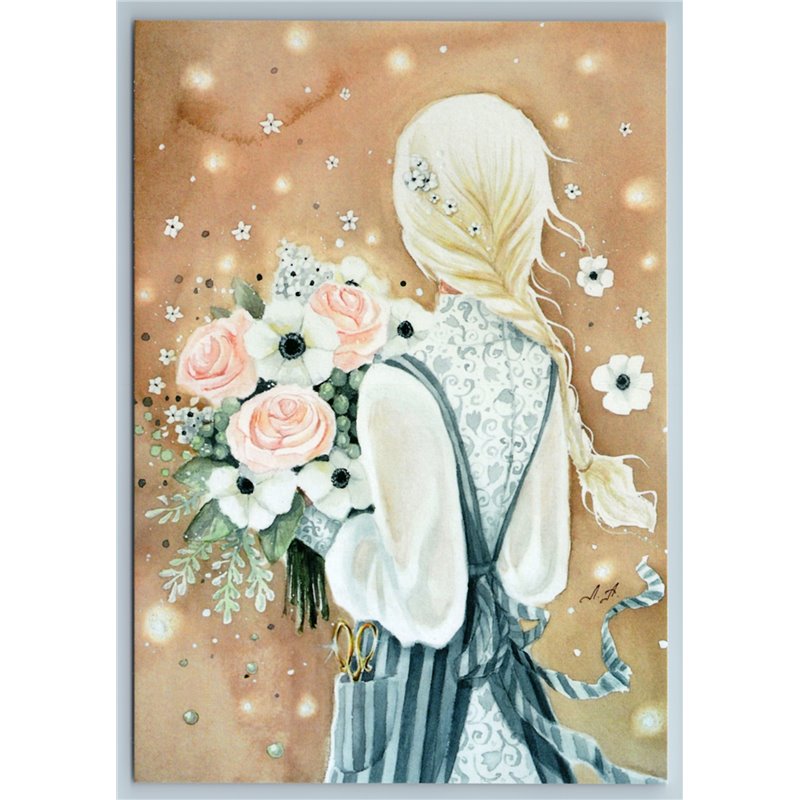 PRETTY WOMAN Long Hair Braid Florist Flower Maker Romantic Art NEW Postcard