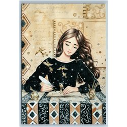 PRETTY WOMAN Long Hair writes POETRY Book Note Romantic Art NEW Postcard