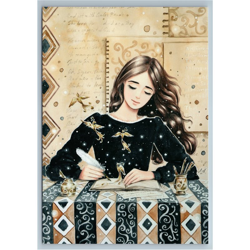 PRETTY WOMAN Long Hair writes POETRY Book Note Romantic Art NEW Postcard