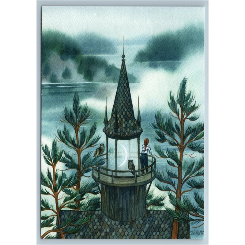 CRESCENT HOUSE Fantasy Landscape Nature LAKE Forest by Speshilova New Postcard