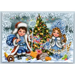 LITTLE GIRL n BOY as Santa n Snow Maiden near Christmas Tree Gifts New Postcard