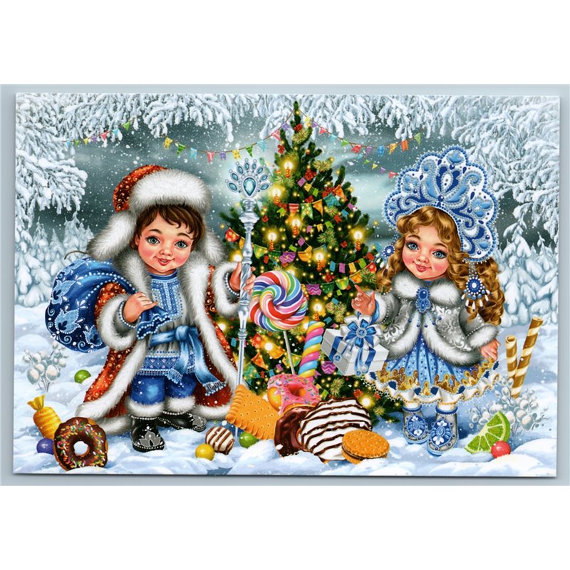 LITTLE GIRL n BOY as Santa n Snow Maiden near Christmas Tree Gifts New Postcard