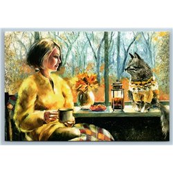 WOMAN n CAT Velvet Autumn Coffee Time Garden Tree Russian New Postcard