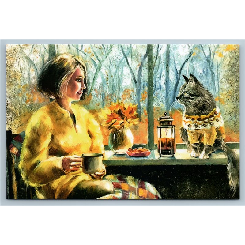 WOMAN n CAT Velvet Autumn Coffee Time Garden Tree Russian New Postcard